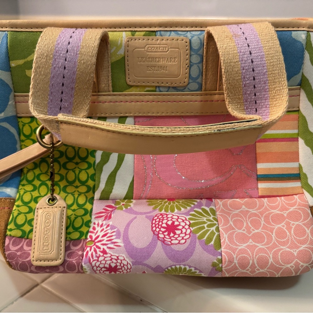 Coach Vibrant Floral Tote Bag with Leather Accents